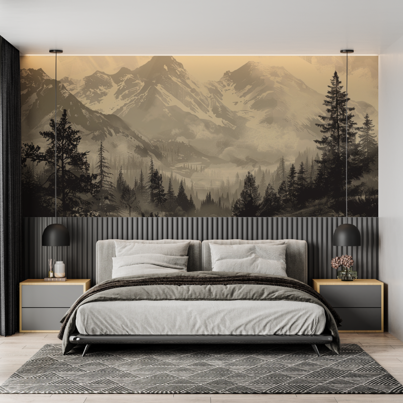 Papier peint sapin et montagne vintage sepia mural adulte