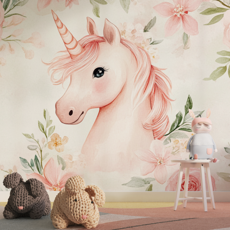 Papier peint licorne fleurs delicates tapisserie pour fille