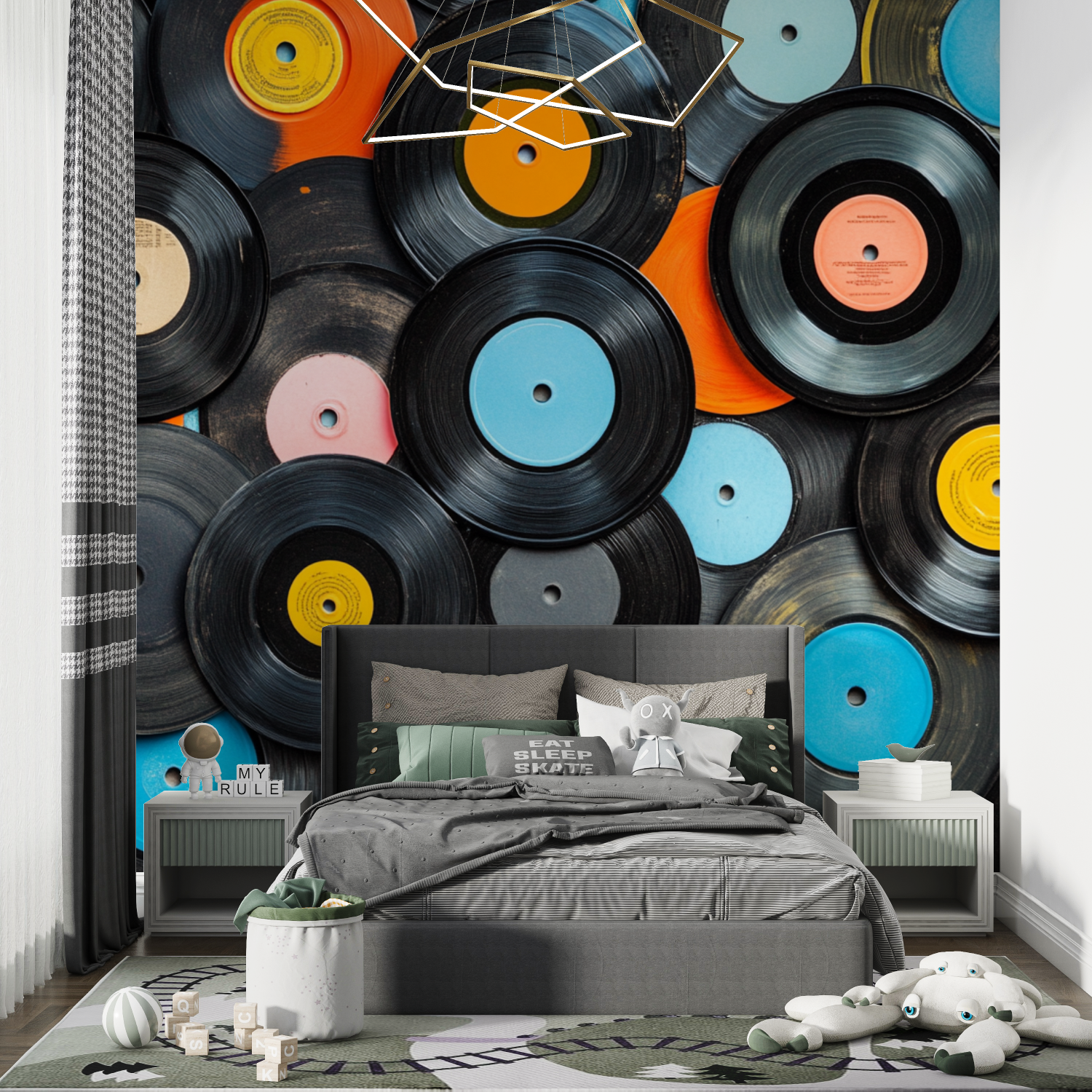 Papier peint disque vinyle colore chambre de garcon