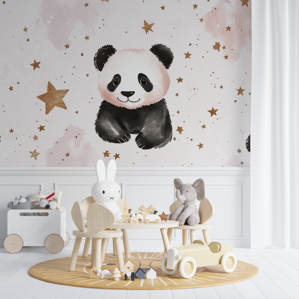Papier peint panda et etoiles dorees chambre de bebe