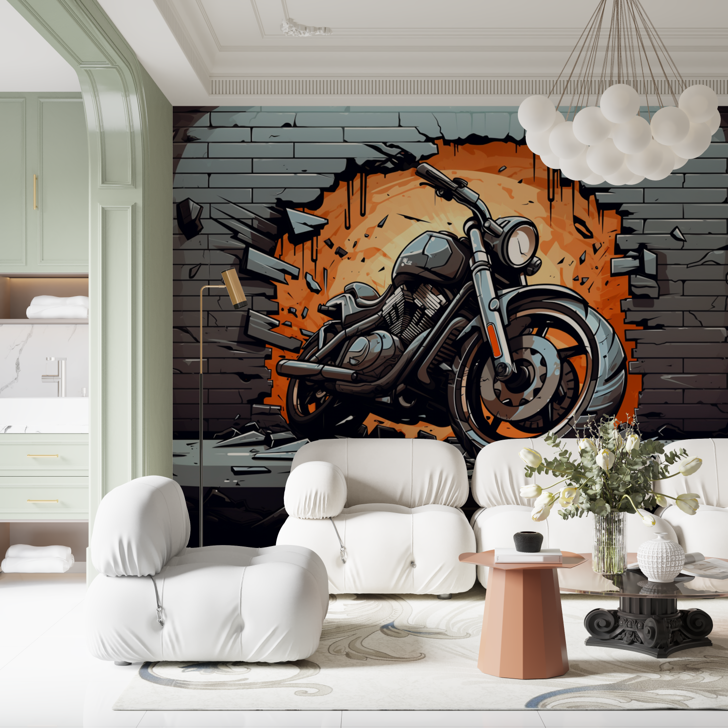 Papier peint panoramique moto et briques contemporain