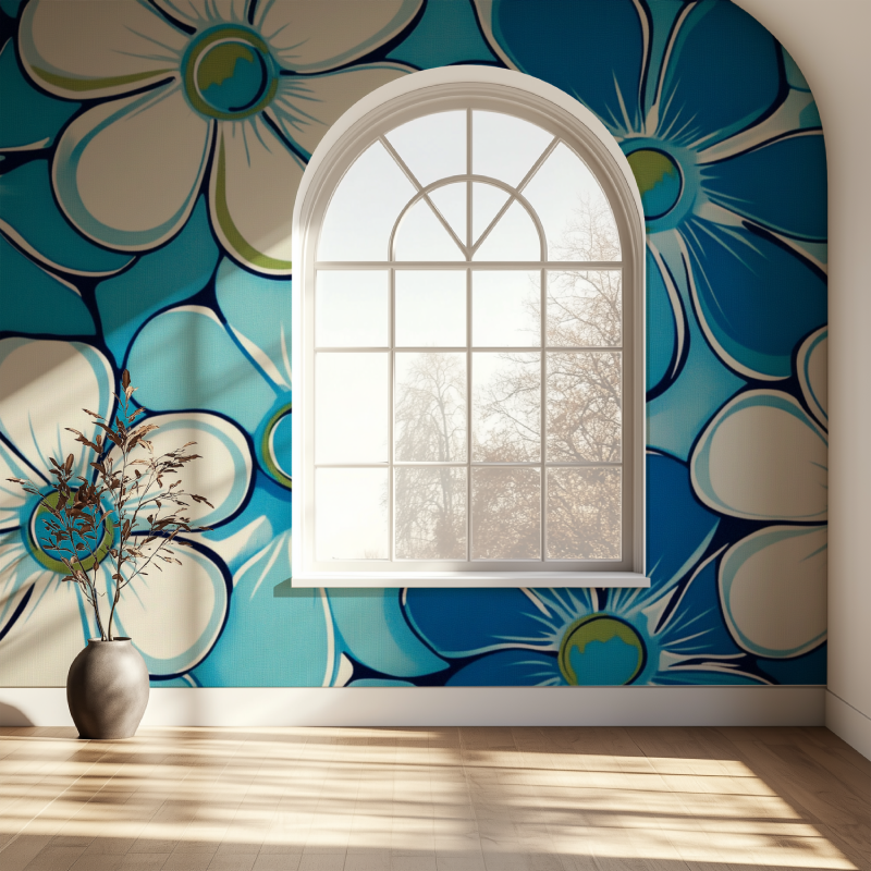 Papier peint fleur vintage bleu hippy fenetre papier