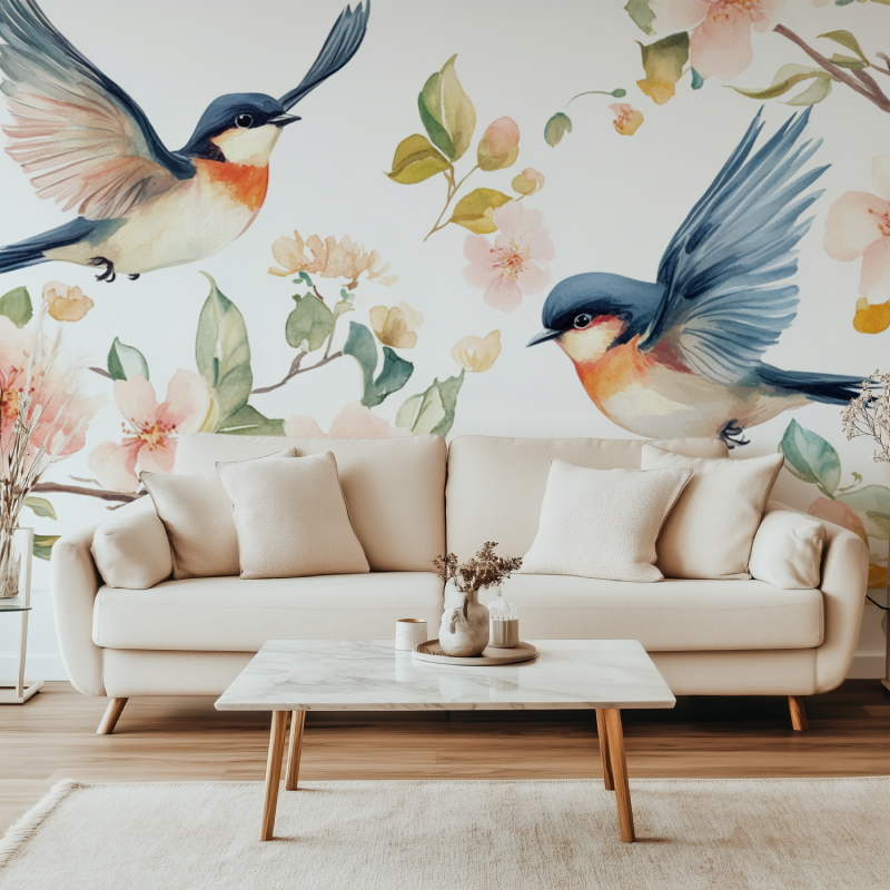 Papier peint fleur et oiseau chambre canape simple