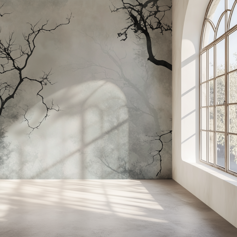 Papier peint arbre noir et gris mur simple