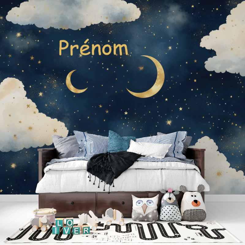 Papier peint prenom nuages ciel etoile panoramique garcon
