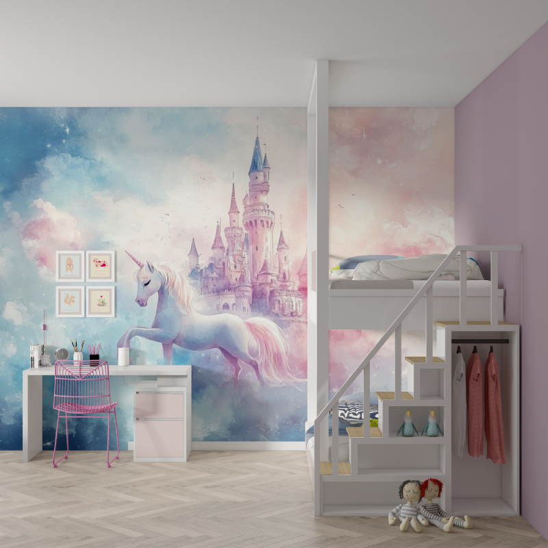 Papier peint decoration licorne... chateau mur chambre fille