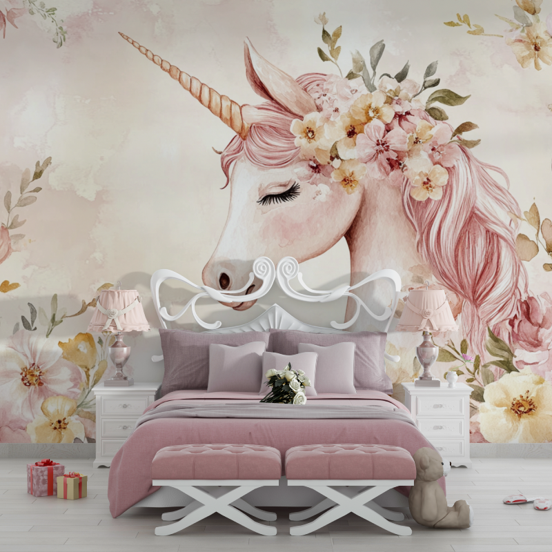 Papier peint deco licorne chamb...se en fleur chambre filles