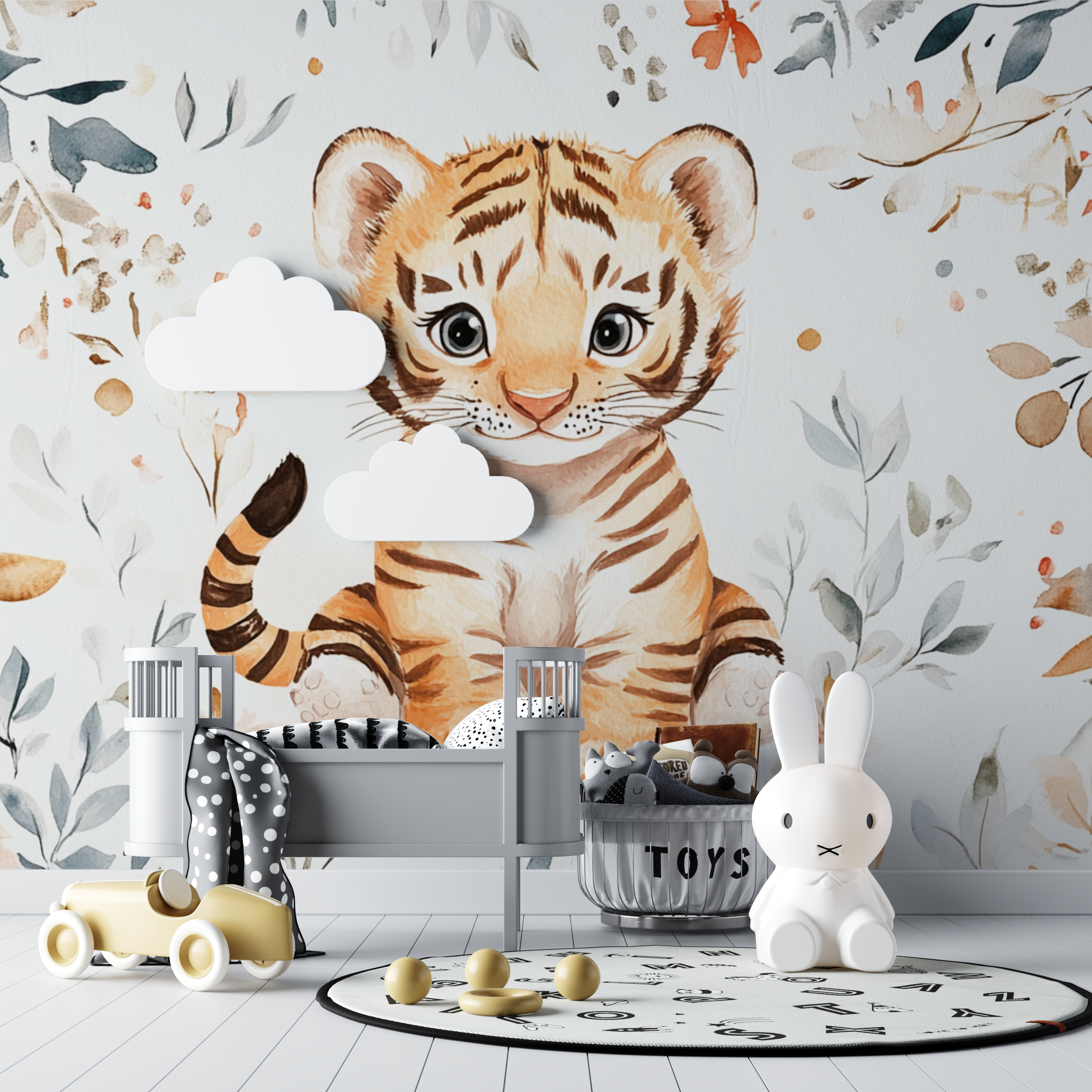 Papier peint tigre et motifs enfantins bebe tipi