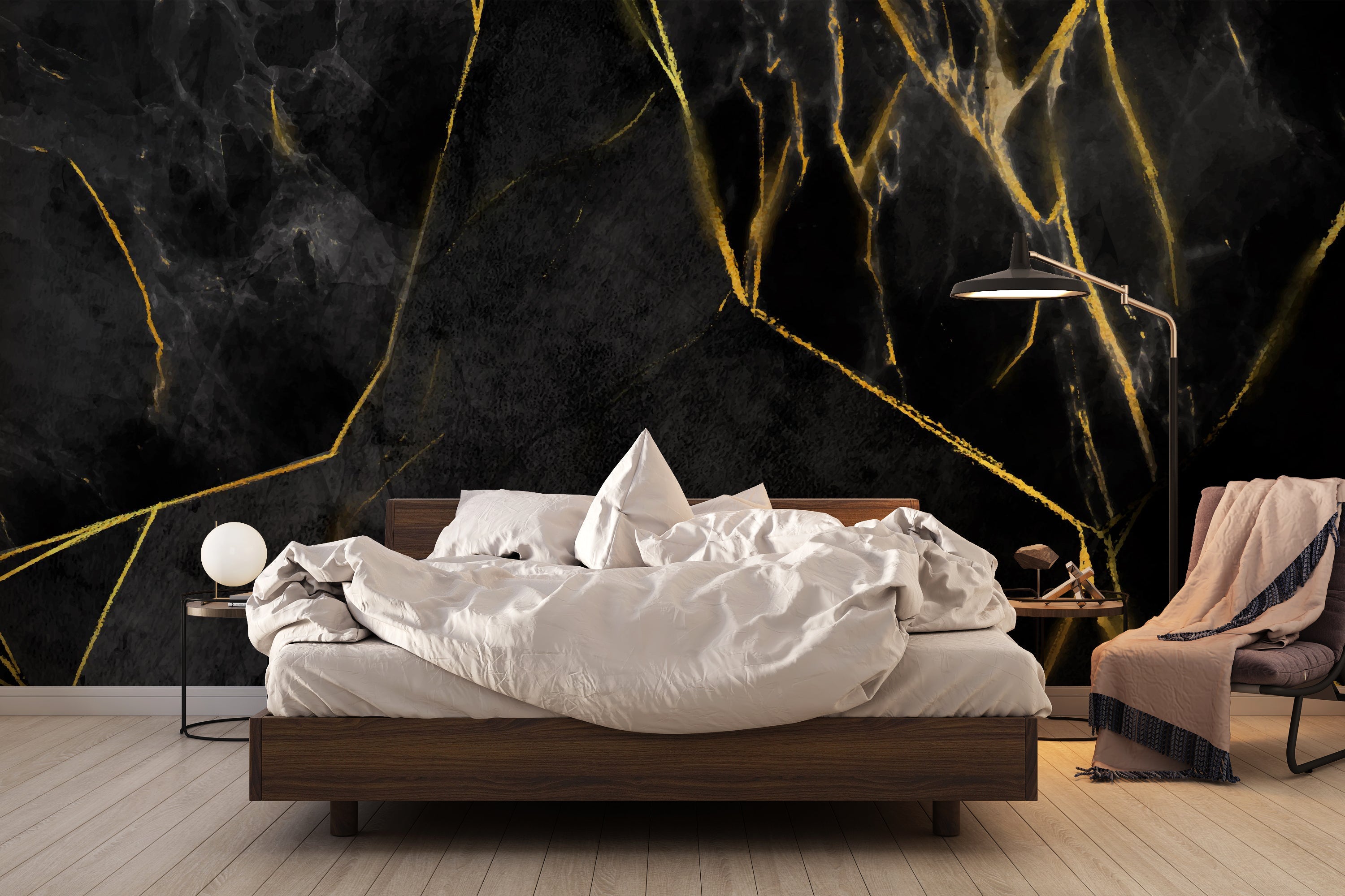 Papier Peint Marbre Noir Et Or