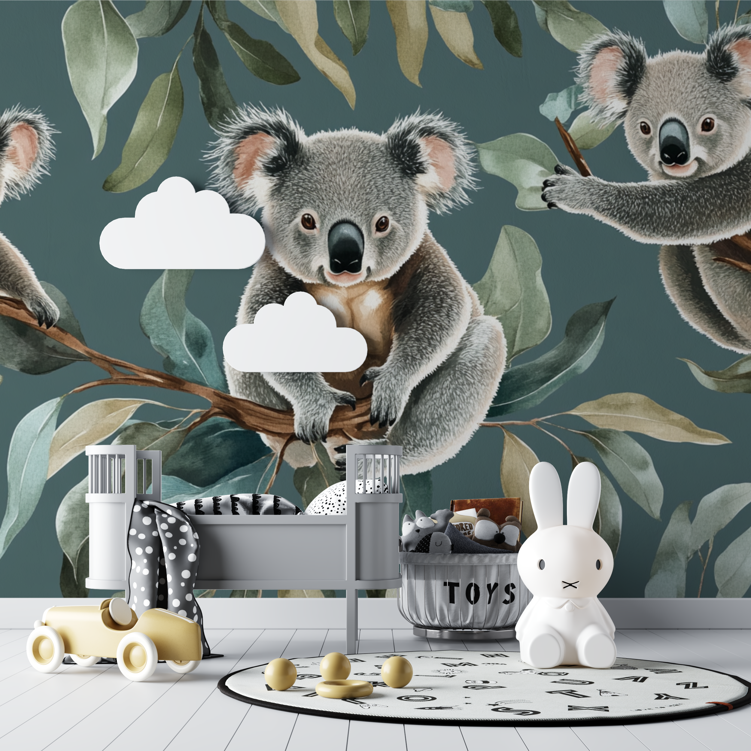 Papier peint koala et feuilles en apesanteur bebe tipi
