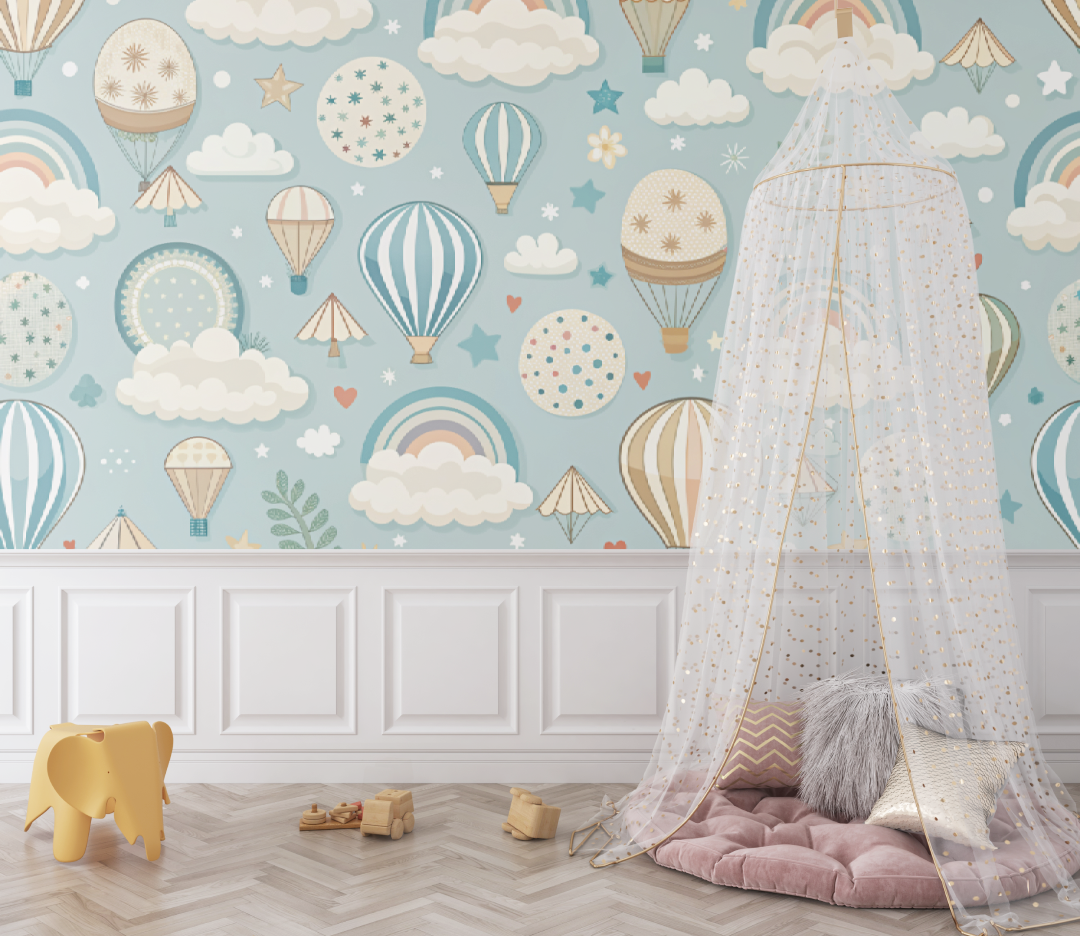 Papier peint bébé Montgolfières et nuages bleu - bebe