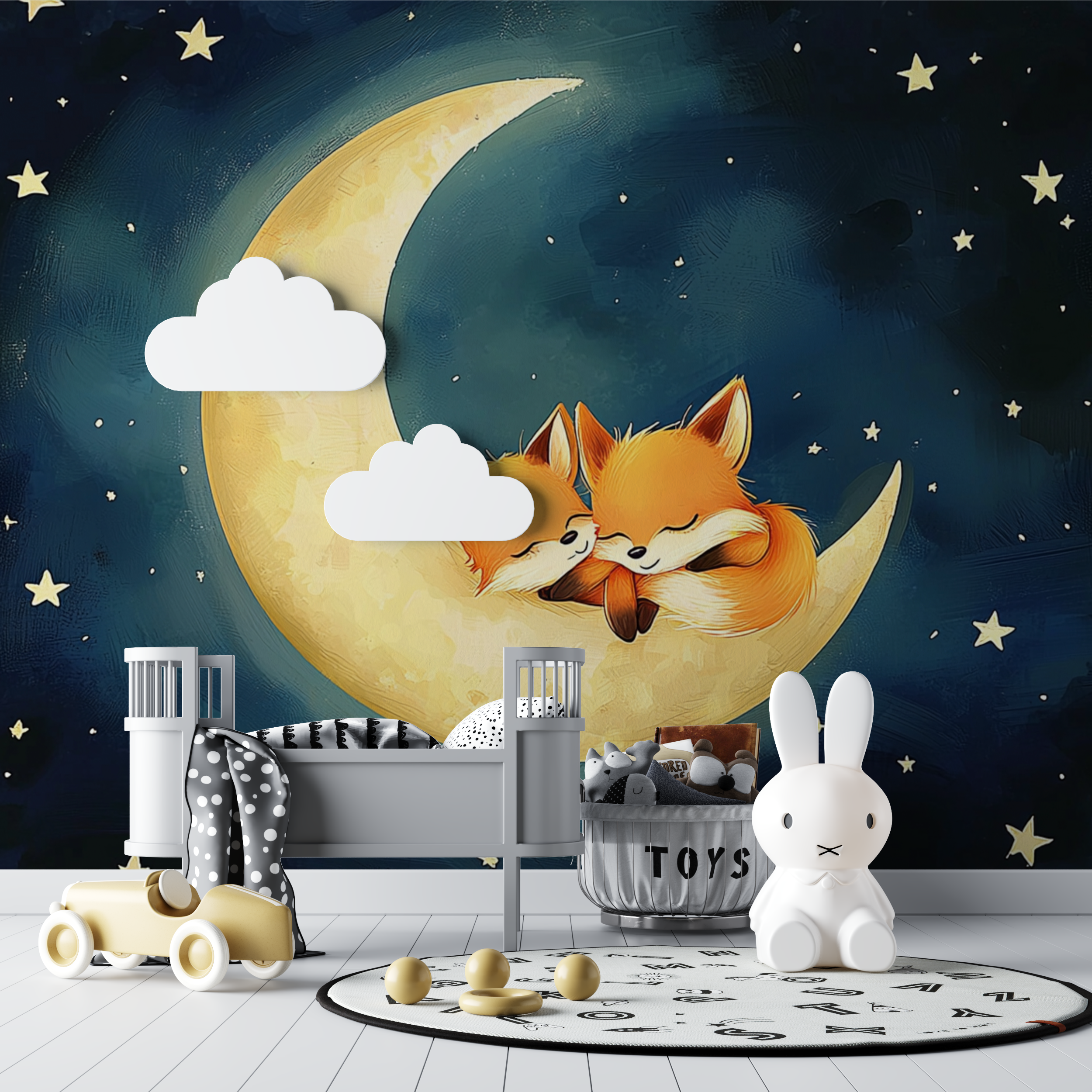 Papier peint renard endormi bleu fonce bebe tipi