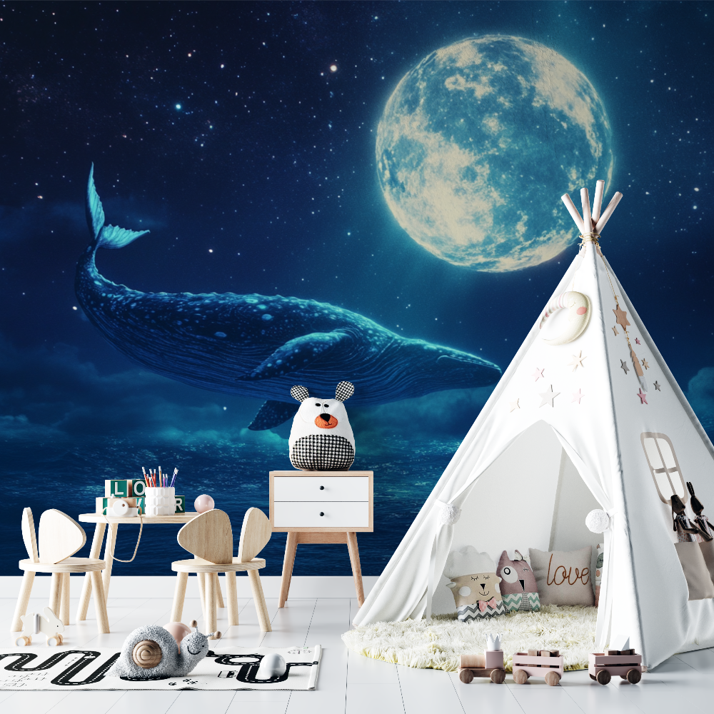 Papier peint baleine et lune chambre bebe