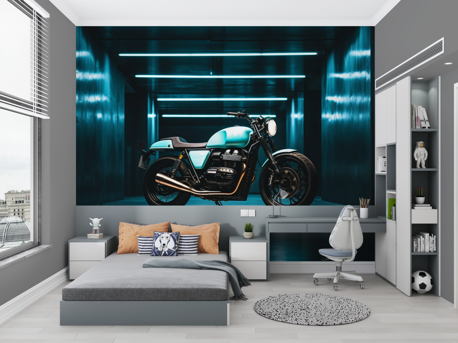 Papier peint moto ton bleu chambre petit