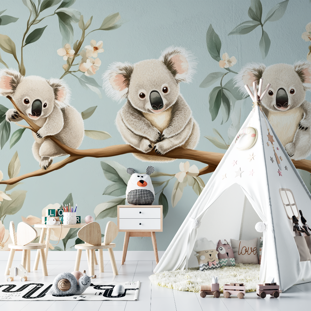 Papier peint koala sur une balancoire florale chambre bebe