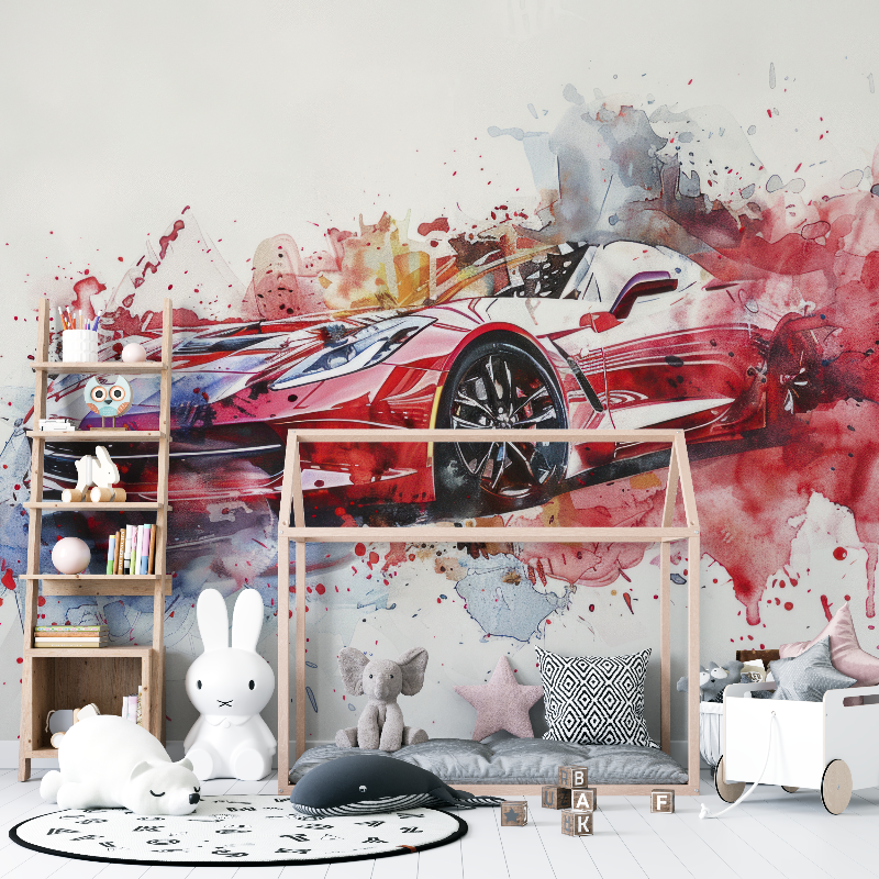 Papier peint voiture sport rouge aquarelle 12