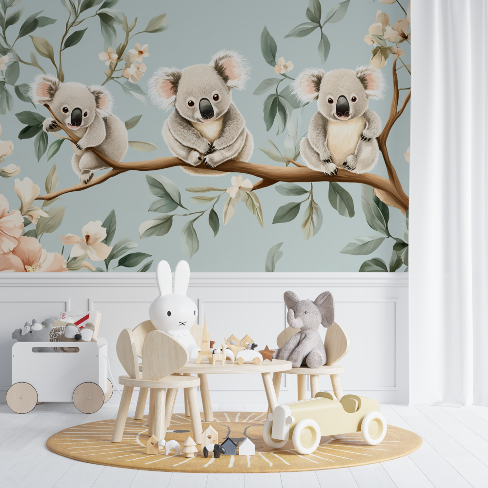 Papier peint koala sur une bala...re florale chambre de bebe