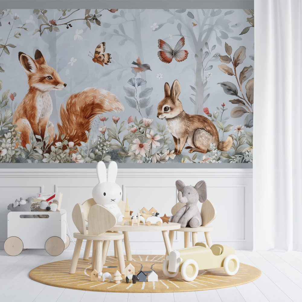 Papier peint panoramique renard fleurs chambre de bebe