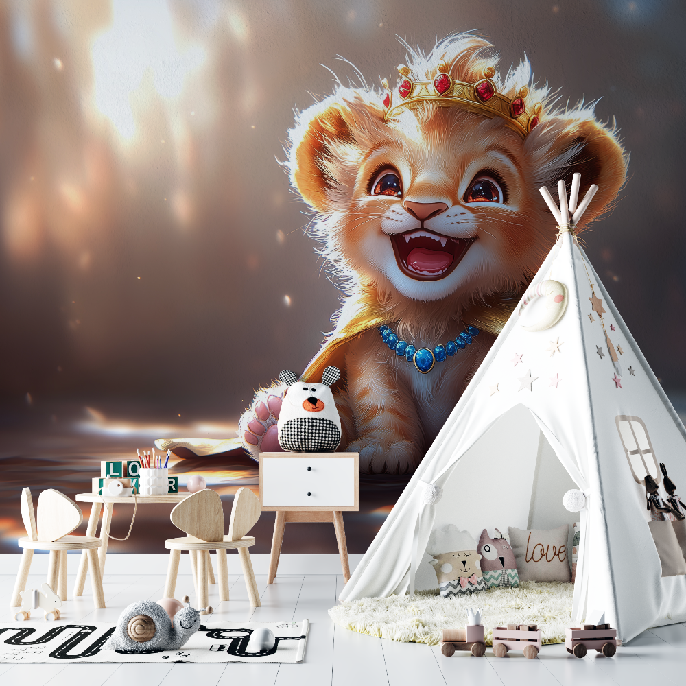 Papier peint lion et couronne de fleurs chambre bebe