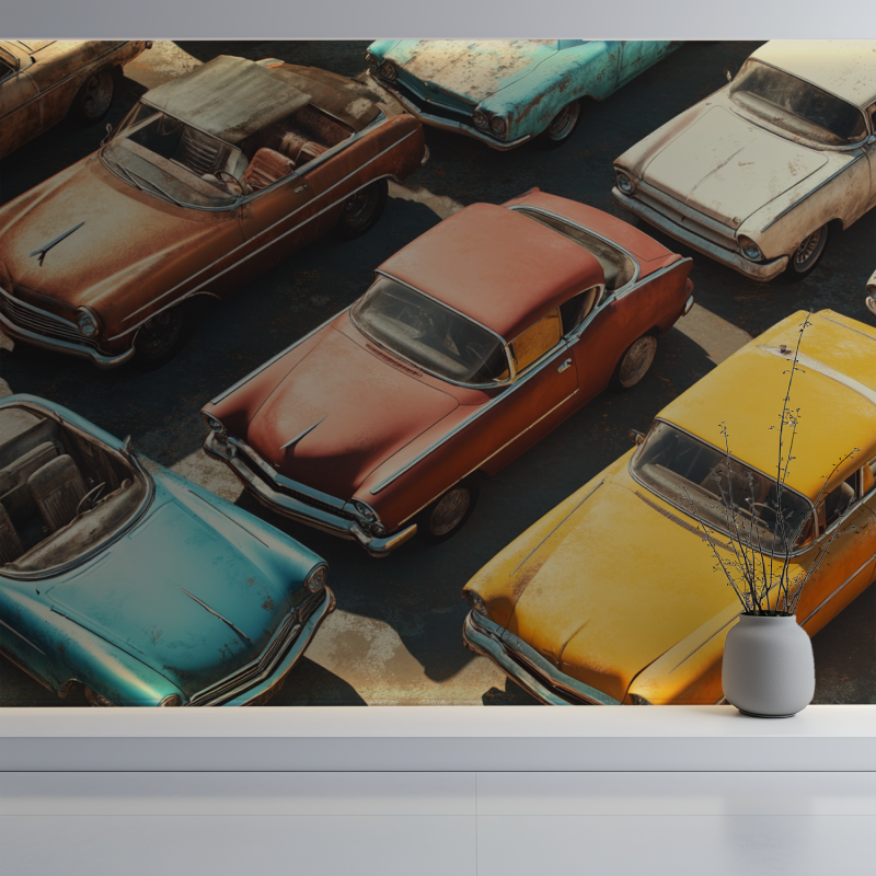 Papier peint vintage voiture trompe loeil mur blanc