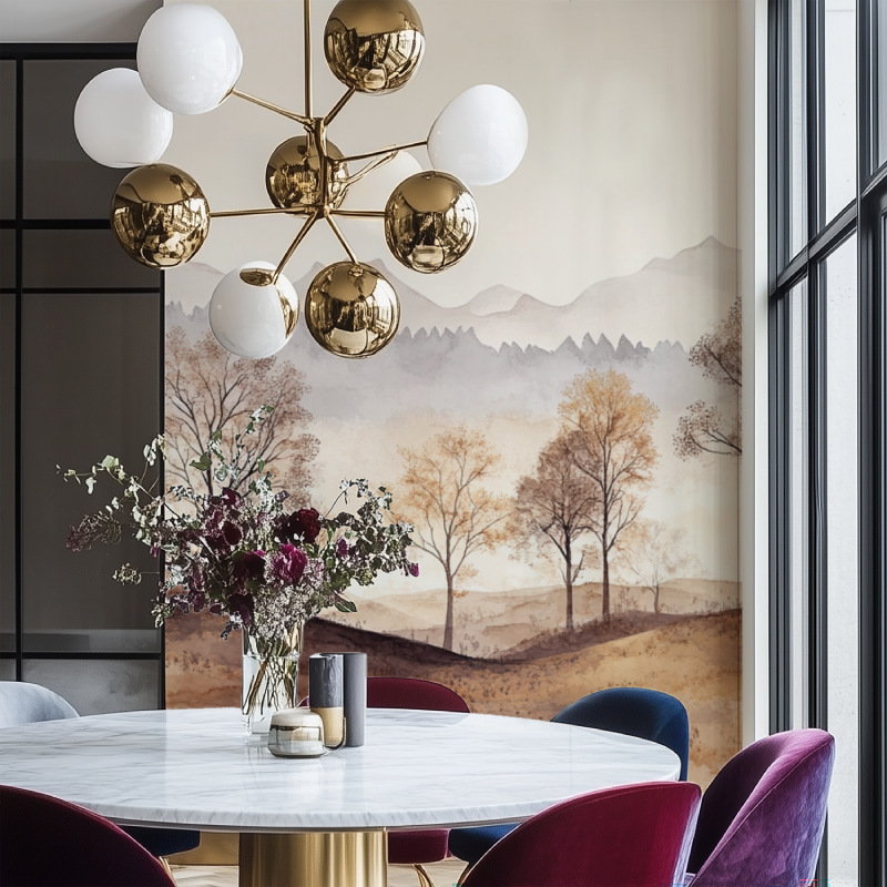 Papier peint arbre beige salon chaise