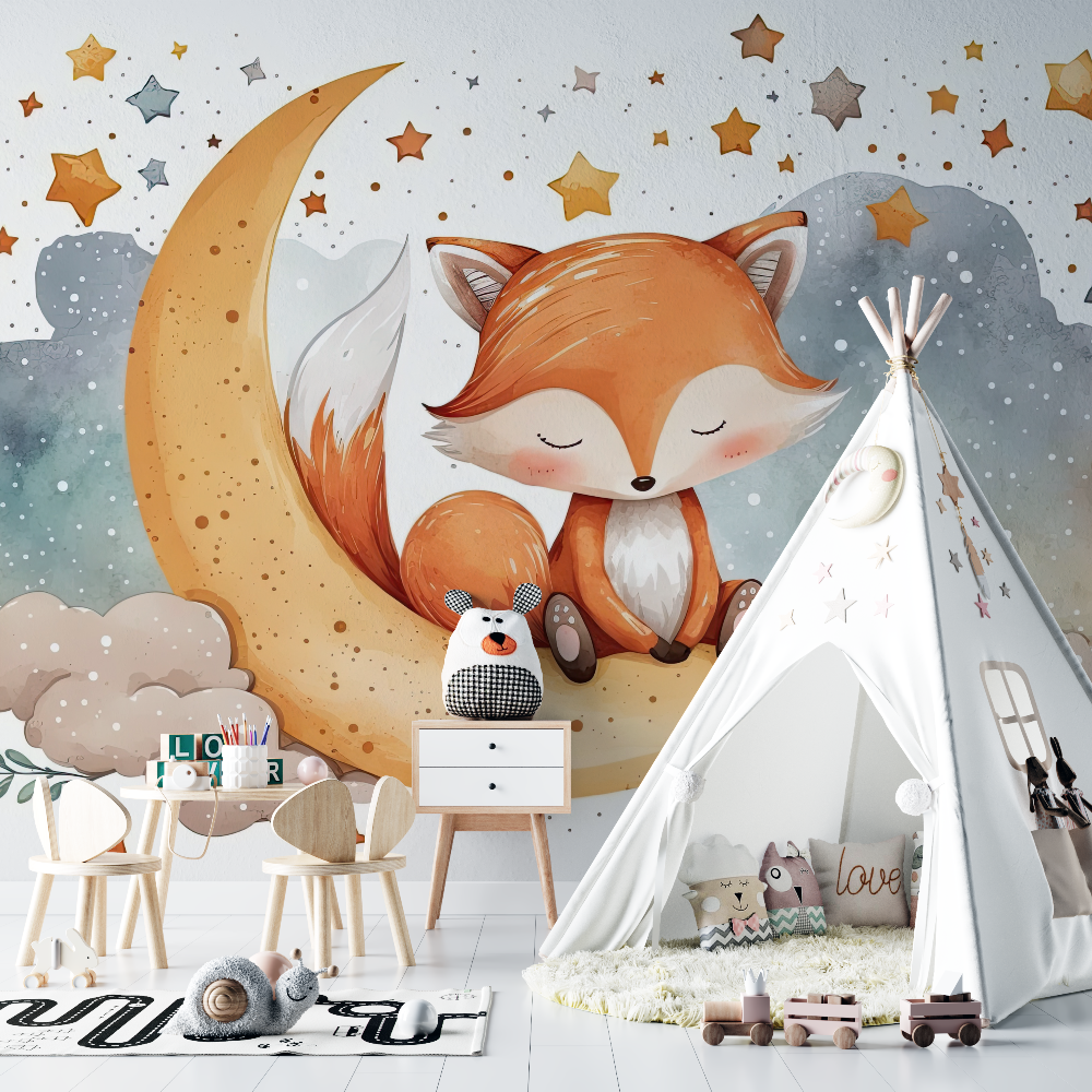 Papier peint renard et etoiles chambre bebe