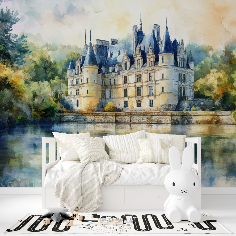 Papier peint chateau aquarelle tapisserie fille
