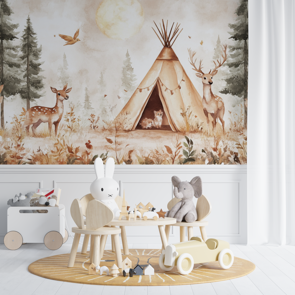 Papier peint foret et tipi chambre de bebe