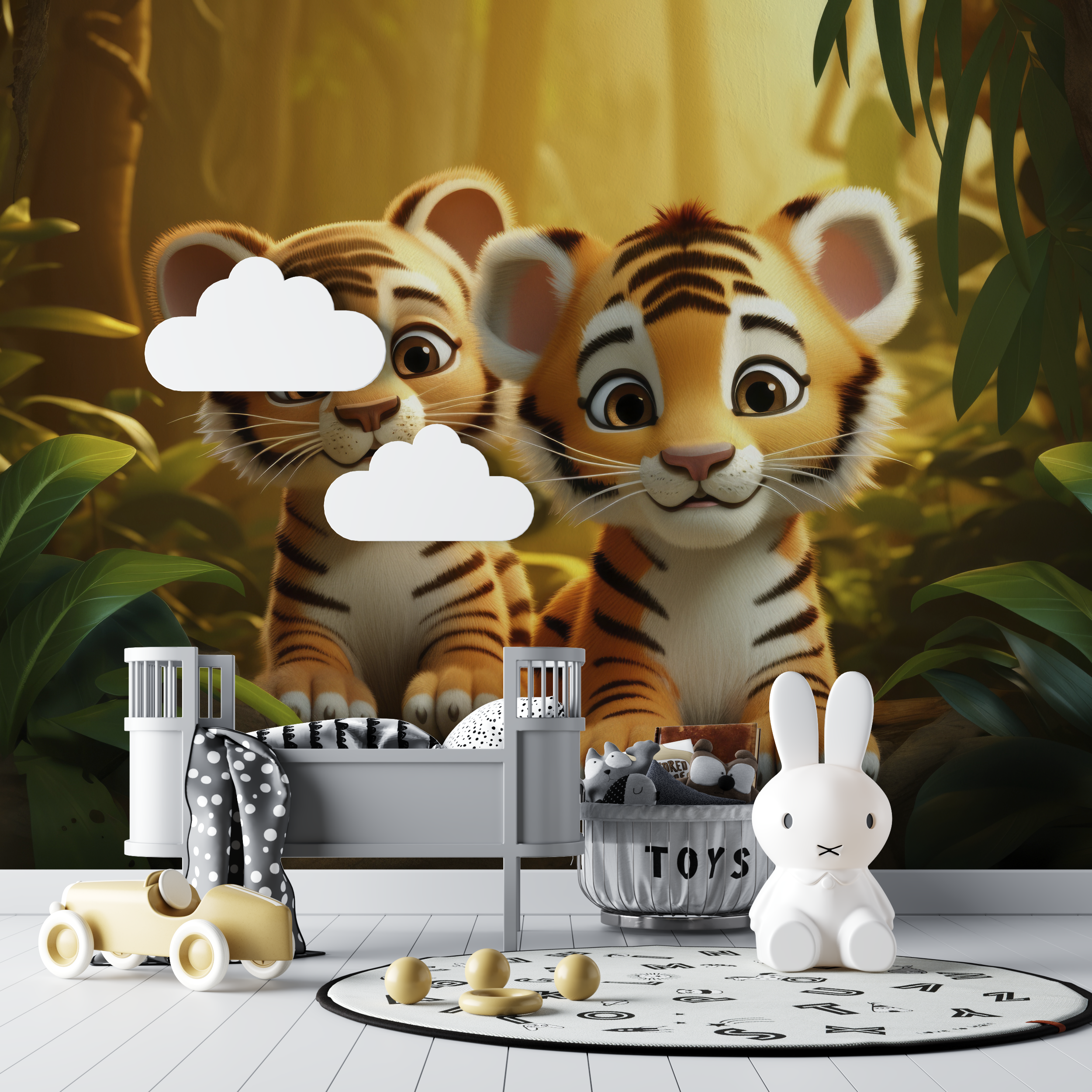 Papier peint lion et paysage doux bebe tipi