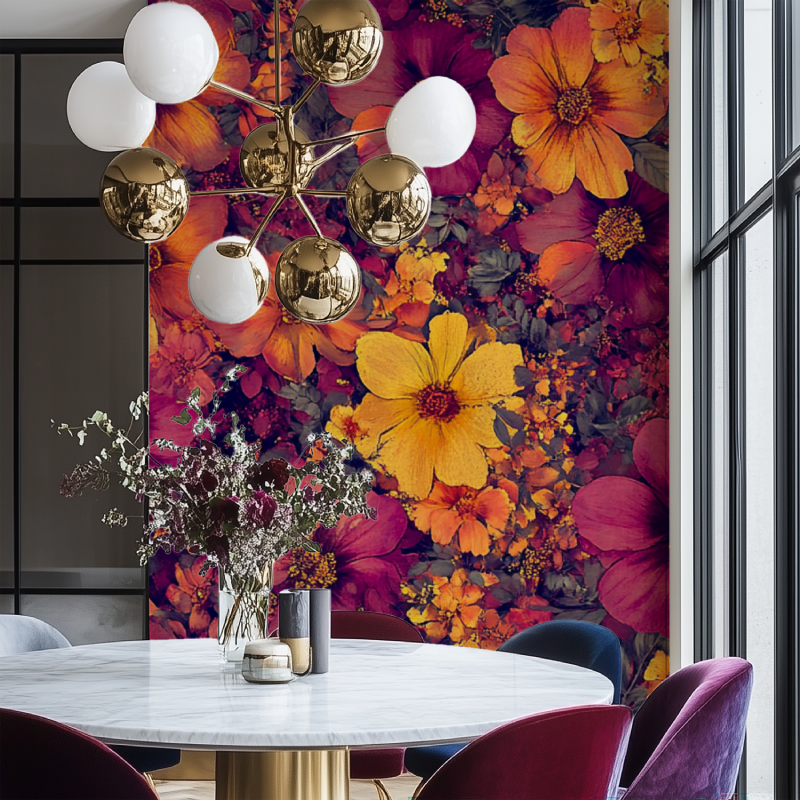 Papier peint fleur lyberty salon chaise