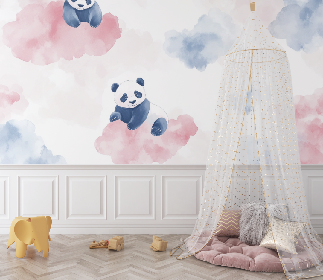 Papier peint panda et nuages pastel bebe