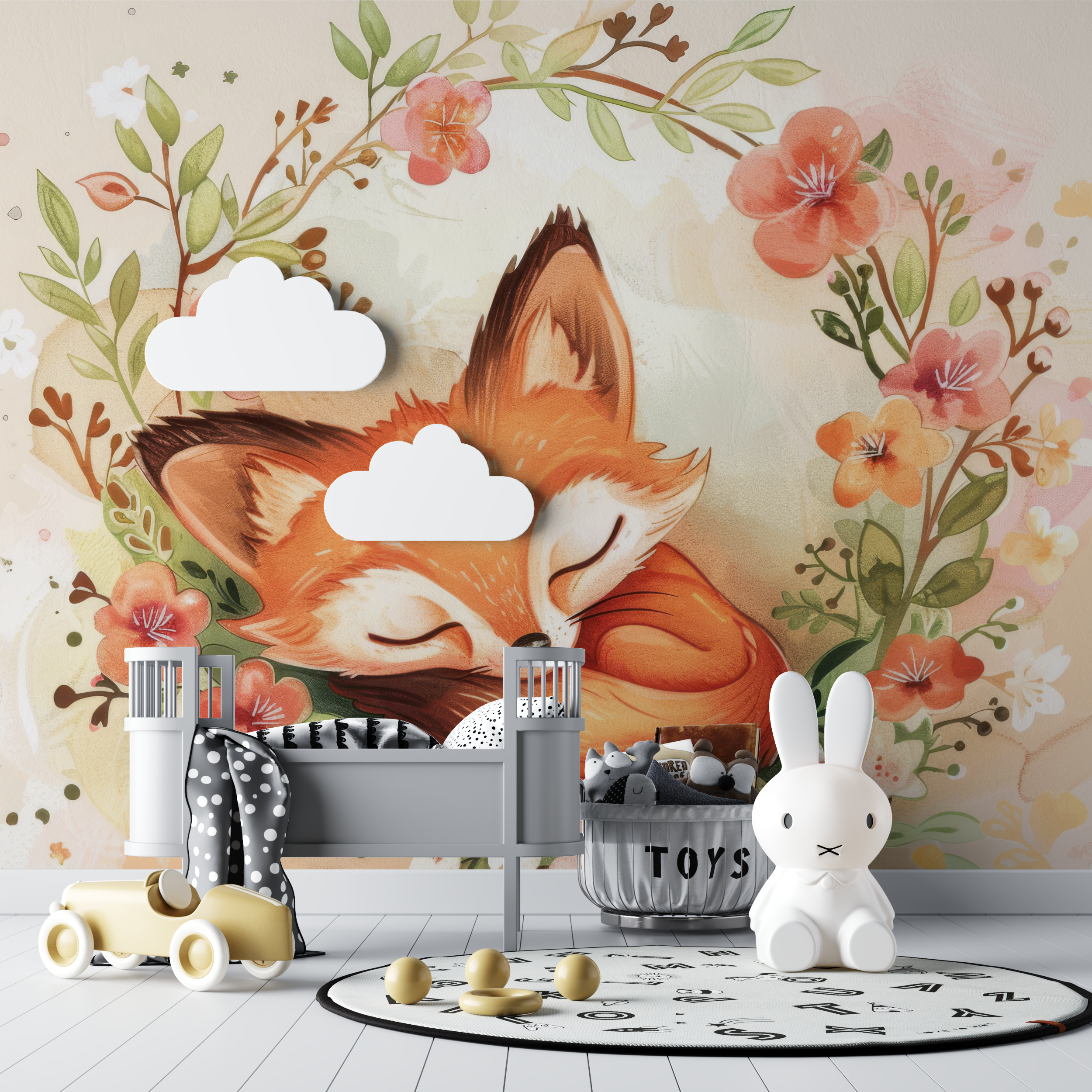 Papier peint renard couronne de fleurs bebe tipi