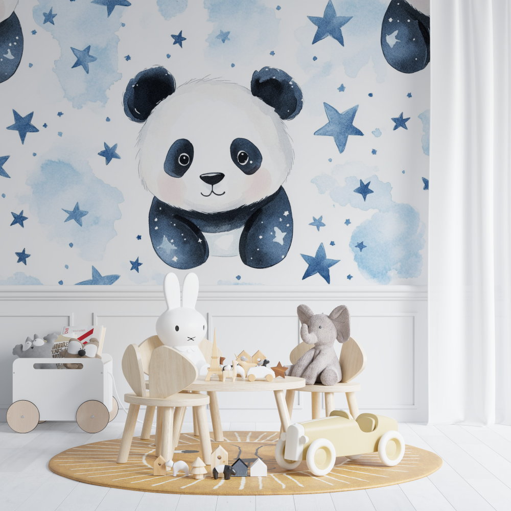 Papier peint panda et etoiles chambre de bebe