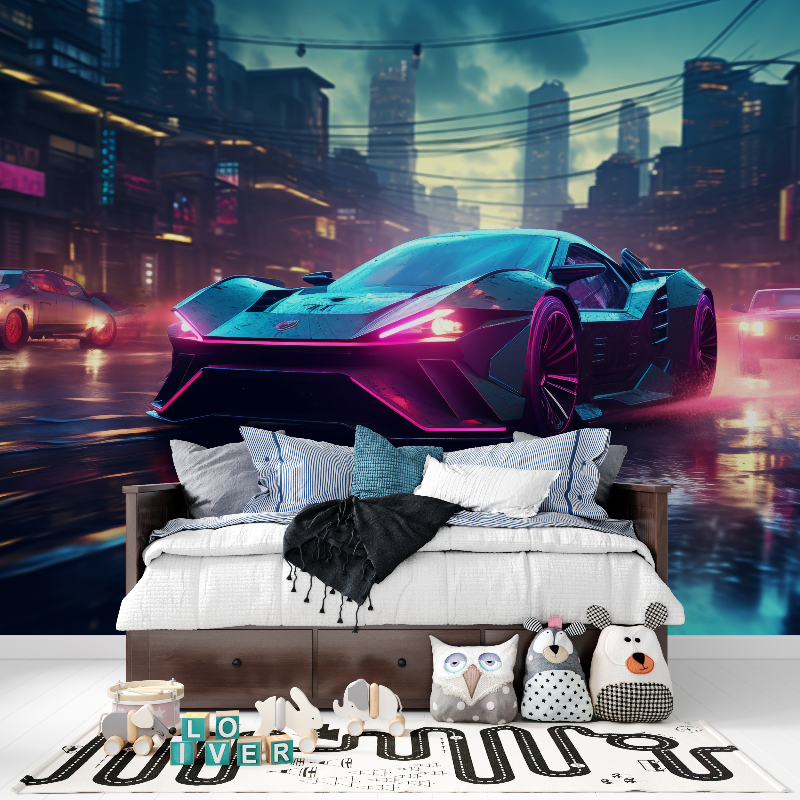 Papier peint voiture de sport en neon tapisserie pour ado