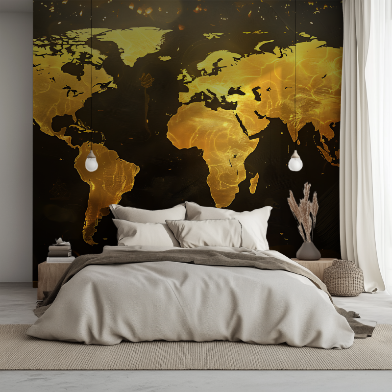 Papier peint carte du monde noir et or lit 1234