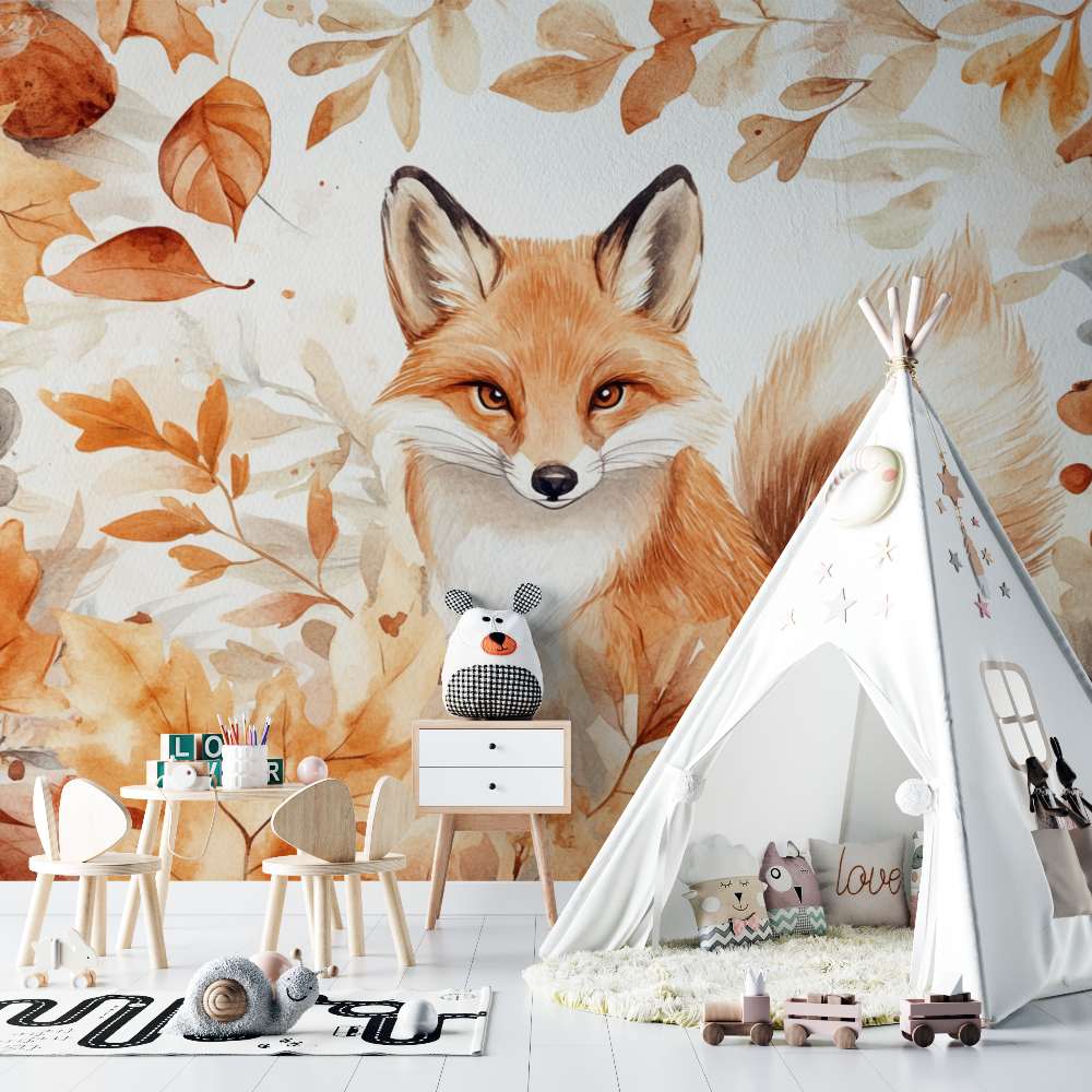 Papier peint renard en automne chambre bebe