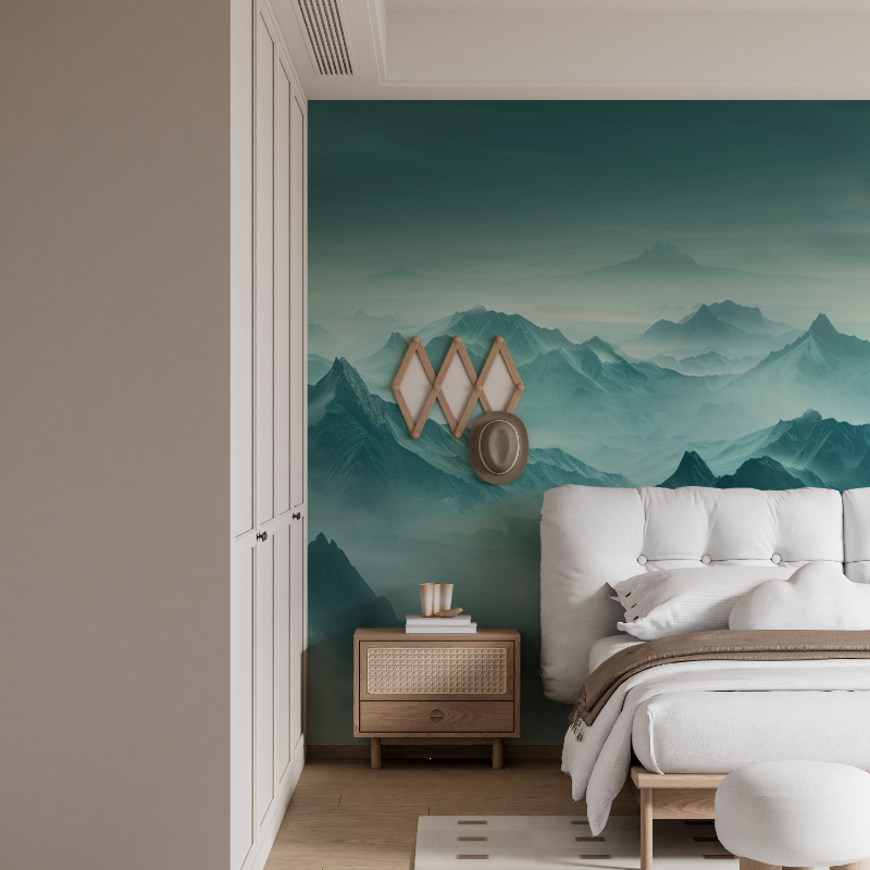 Papier peint sur mesure montagne brume turquoise mural