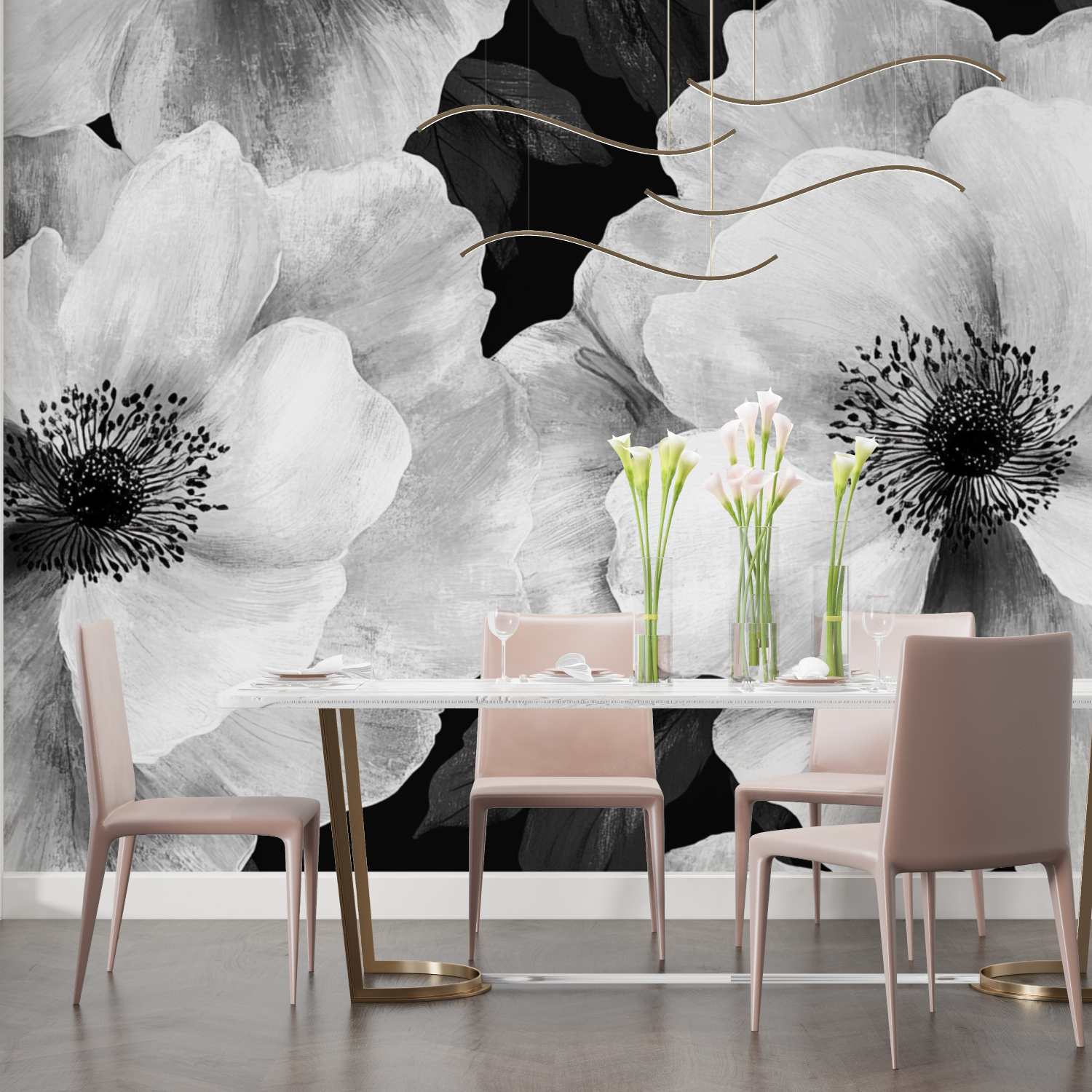 Papier peint aquarelle fleurs noires salon