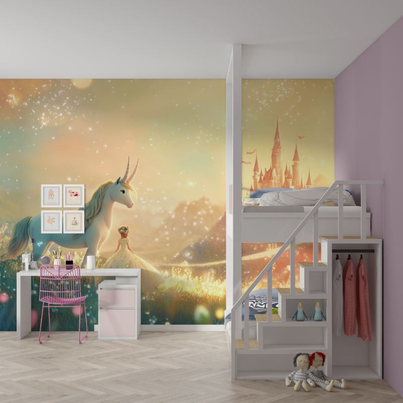 Papier peint chateau princesse et licorne mur chambre fille