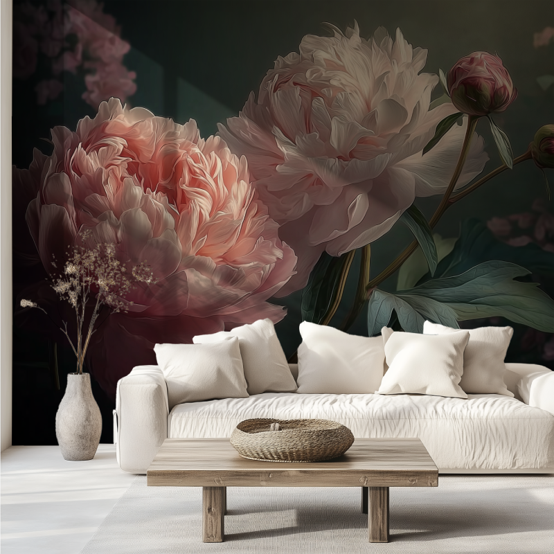 Big flower black background mural wallpaper canape tendance