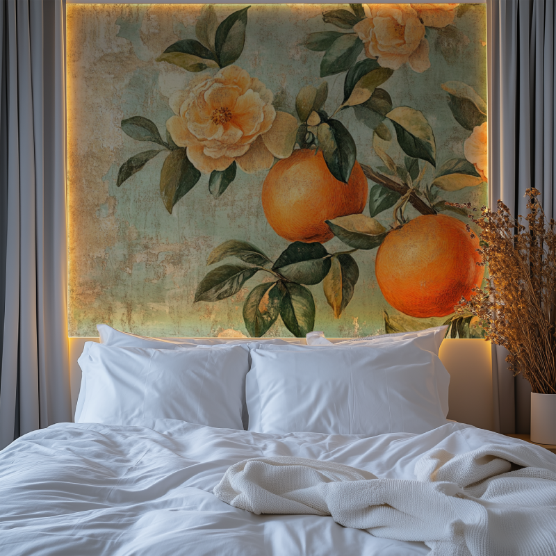 Papier peint vintage fleurs oranges chambre premium