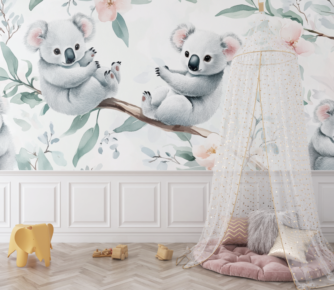 Papier peint koala et gouttes de lait bebe