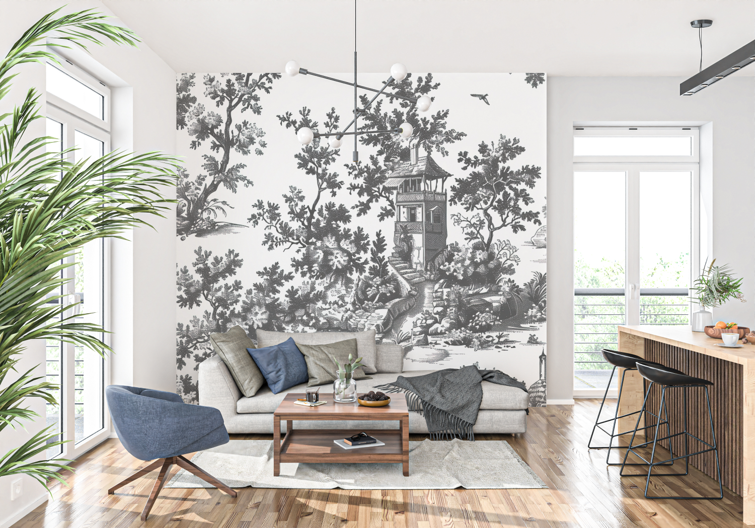 Papier Peint Toile De Jouy Blanc Noir - panoramique tendance