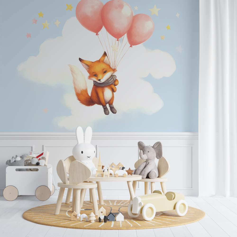 Papier peint renard avec ballon chambre de bebe