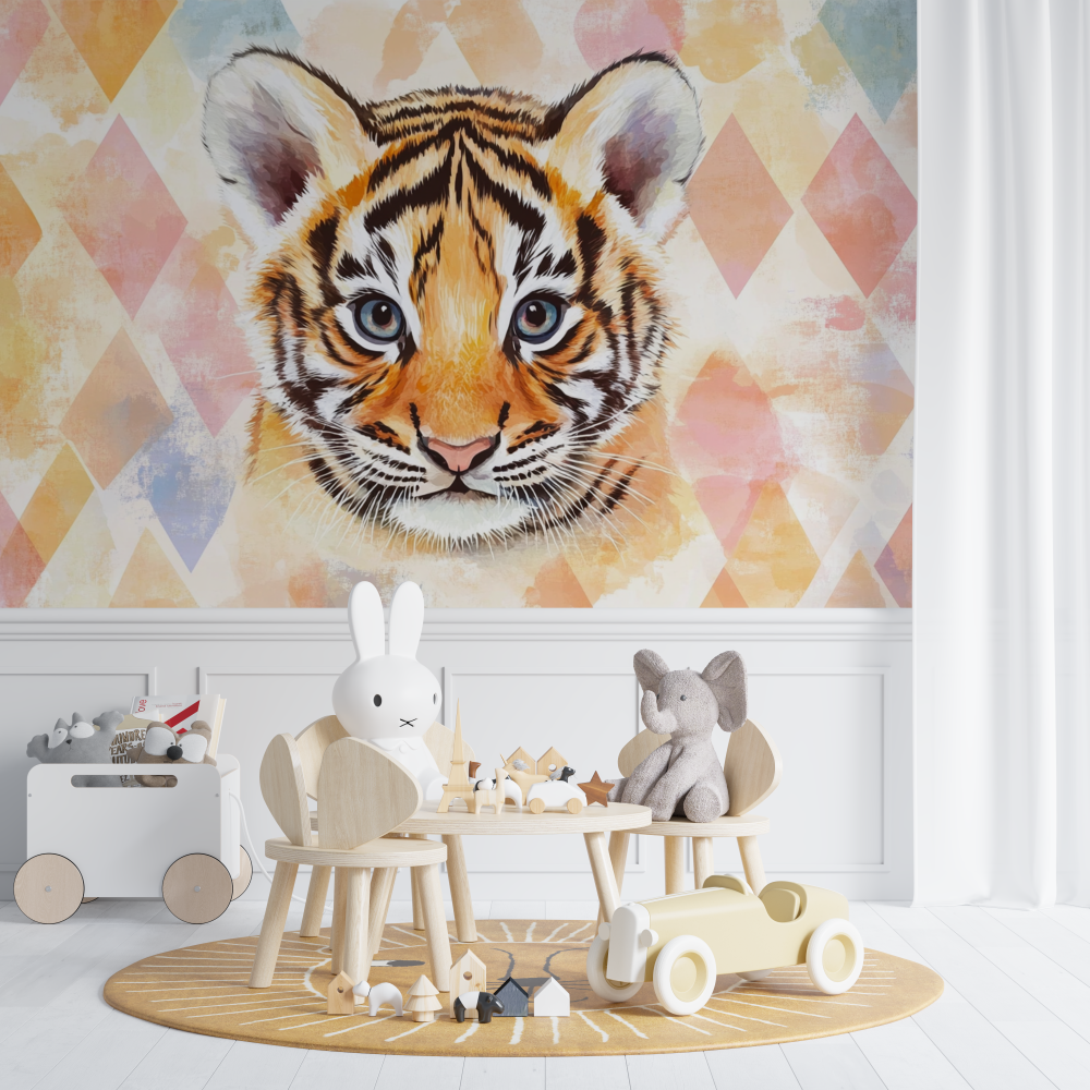 Papier peint tigre et motifs geometriques chambre de bebe