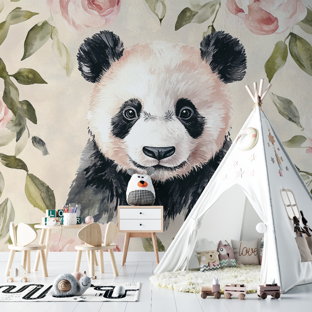 Papier peint panda et ambiance vintage chambre bebe