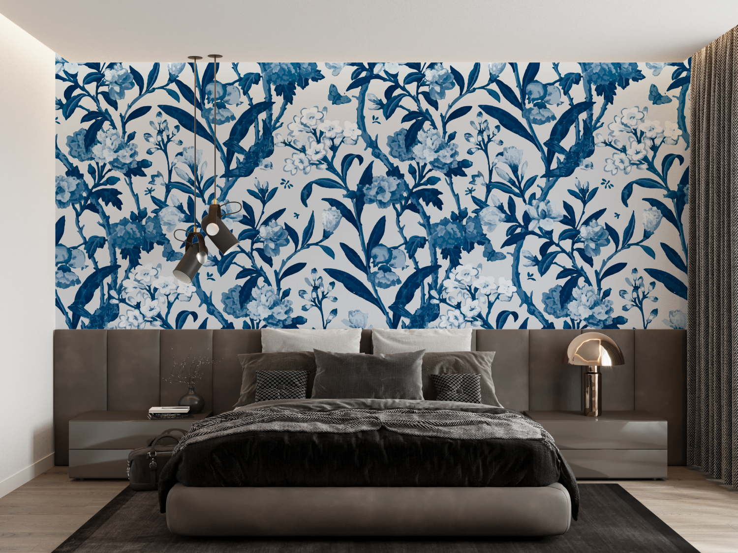 Papier Peint Toile De Jouy Fleurs Bleu - panoramique-mur