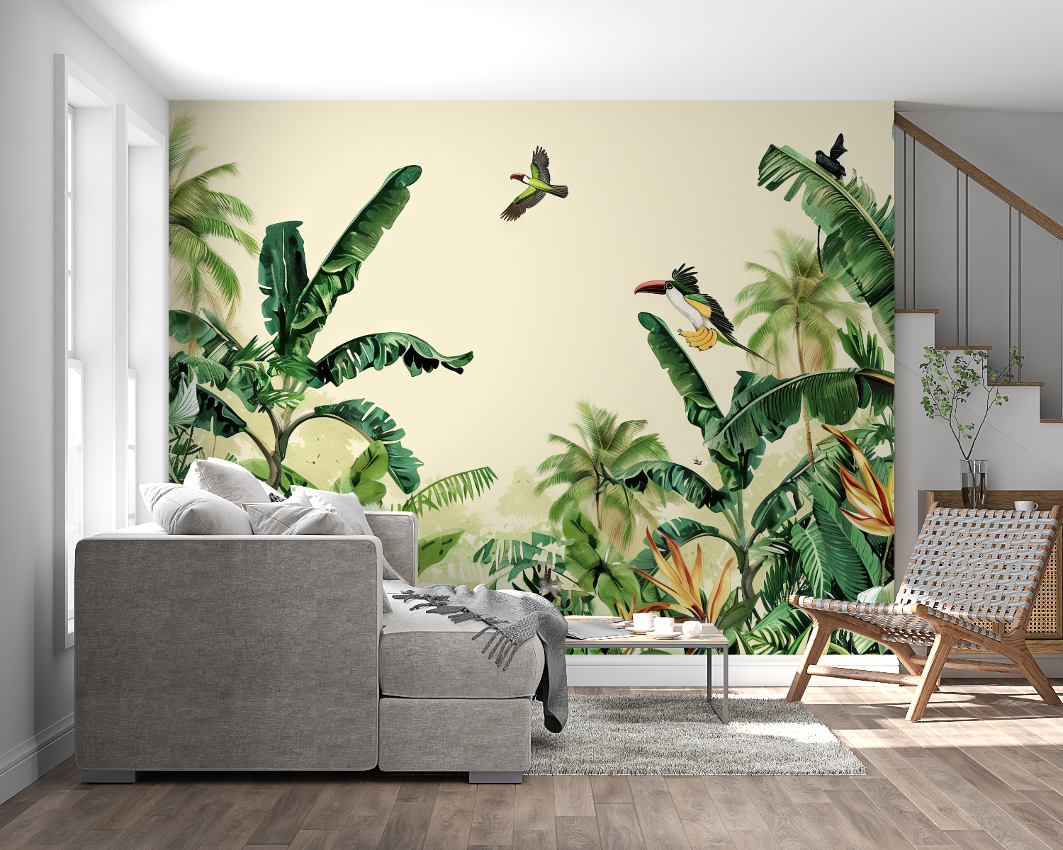 Papier peint aquarelle chambre jungle panoramique mural