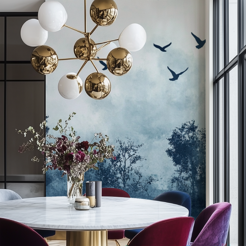 Papier peint arbre oiseau salon chaise