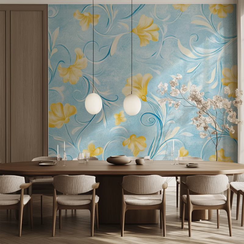 Papier peint vintage jaune et bleu salle manger tendance